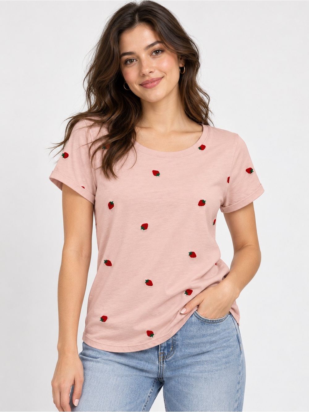 Vintage America Pink Strawberry Embroidered Short Sleeve T-Shirt